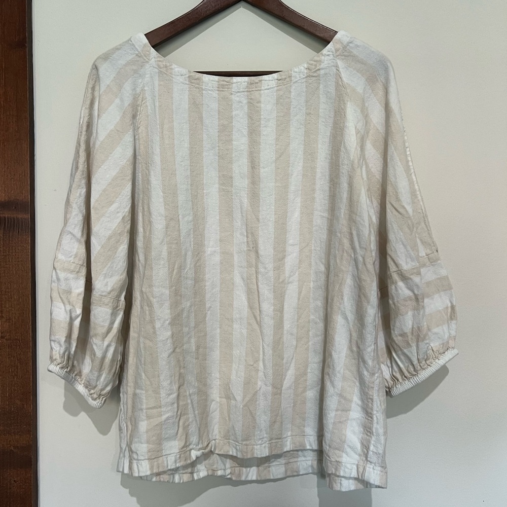 Effortless Coastal Linen Top – Cream Cabana Stripes, M LOFT
